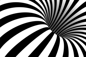 Black white optical background with striped tunnel forming deep curved hole. Converging lines create dynamic illusion with smooth shading and strong contrast. Abstract geometric vector illustration.