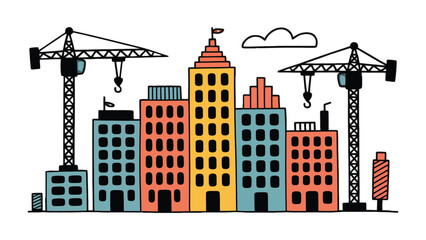 Obraz premium Cityscape Under Construction: A stylized cityscape in progress, showcasing the dynamic fusion of architecture and engineering, with cranes poised against the backdrop of vibrant buildings.
