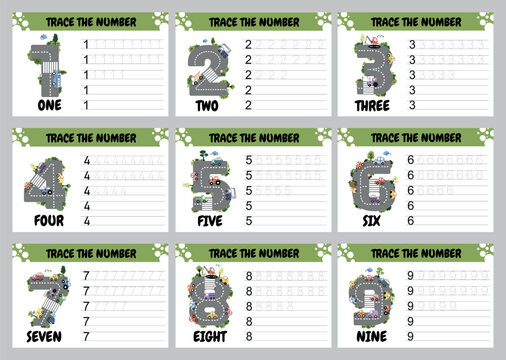 Fun Number Tracing Activity with Vehicle Roads. This educational tracing worksheet features numbers 1 to 9 designed as roads filled with cartoon cars, trucks, and vehicles.
