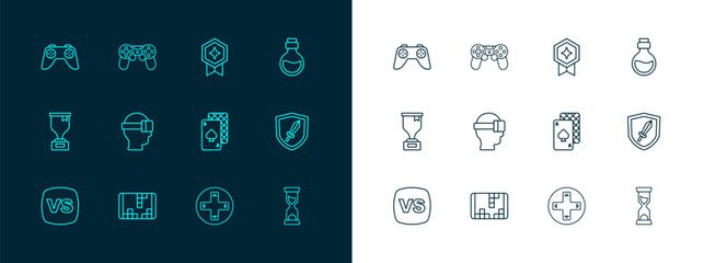 Set line Bottle with magic elixir, Portable video game console, Playing cards, Game controller joystick, Virtual reality glasses, rating medal, and icon. Vector