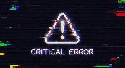 A critical error warning sign appears on a distorted digital screen with glitches.