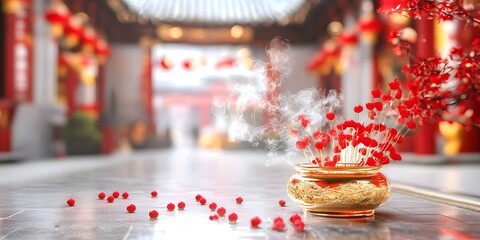 Chinese temple celebration with red and gold decorations and incense smoke in the air.