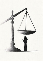 A hand reaches up towards a balanced scale in a dimly lit room with shadows on the wall and floor.