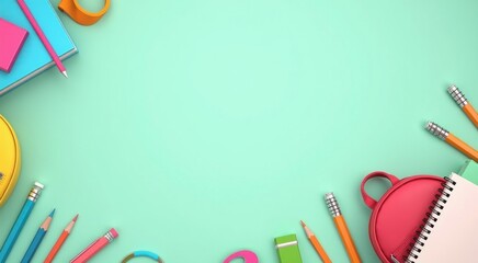 School supplies background with a green background copy space