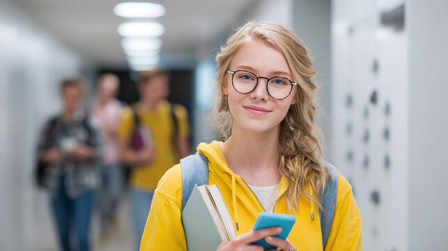 Smiling student navigating the school hallway, phone in hand, blending technology with traditional learning as classmates stride in the background during a vibrant school day.