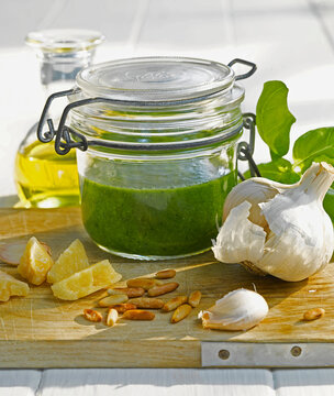 Ingredients for homemade pesto with basil pine nut and parmesan