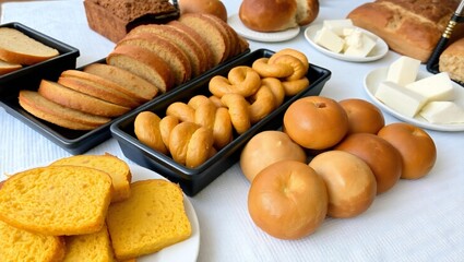 Assorted breads and pastries display