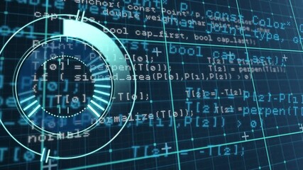 Animation of illuminated radar over programming language and grid pattern over blue background - Powered by Adobe