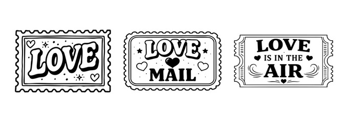 Fototapeta premium Retro love mail illustrations featuring stamp frames, heart icons and bold lettering in classic black line vector style.