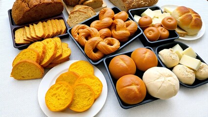 Assorted breads and pastries display