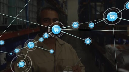 Animation of network of connections over male worker in warehouse - Powered by Adobe
