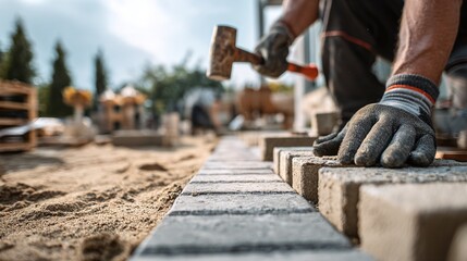 Worker meticulously laying paving stones with a hammer, creating a smooth and durable surface, improving outdoor spaces, enhancing curb appeal, one brick at a time.