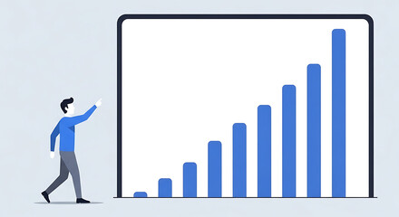 Man walks towards a large graph on a screen with rising blue bars