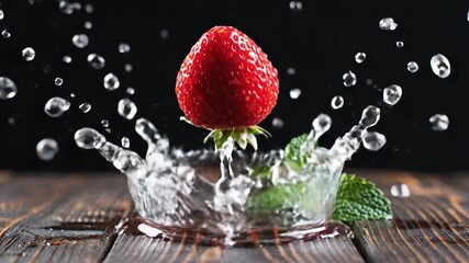 Vibrant red strawberry and fresh green mint leaves creating a dynamic water splash on a rustic wooden table highlighting freshness and natural goodness with refreshing droplets. - Powered by Adobe