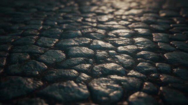 Dark Cobblestone Roadway with Soft Sunlight
