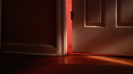 Close-up of a slightly ajar red wooden door with a glossy floor and a dark interior.