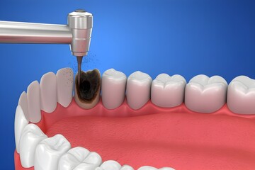 3D Illustration of Dental Drill Treating Cavity on Tooth, Caries Removal and Oral Health Care Concept, Dentist Procedure for Decay Treatment in Human Mouth.