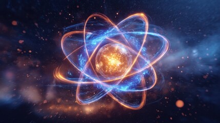 The Atom Radiating Energy with Glowing Electrons in a Futuristic Cosmic Scene