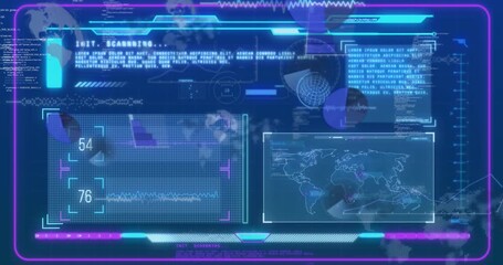 Animation of digital interface and data processing over blue background - Powered by Adobe