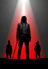 A person in a hoodie stands heroically with a sword facing two silhouetted figures in a spotlight.