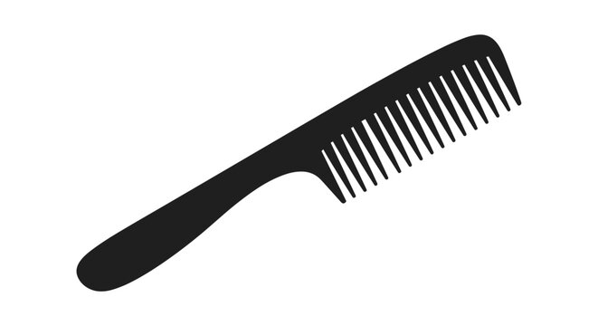 Simple black silhouette icon of a classic plastic hair comb with a handle, representing hairdressing, grooming, and personal care.