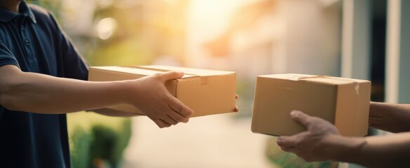 The package exchange between courier and recipient on a sunlit suburban doorstep