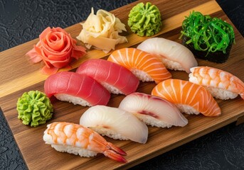 Assortment of fresh sushi and sashimi on a wooden board with wasabi and ginger