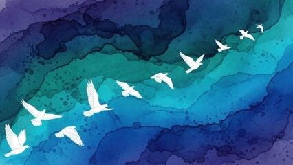 Flock of white birds flying over vibrant blue and green watercolor background