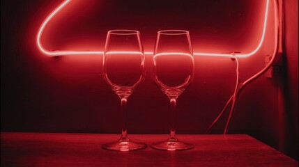 Two wine glasses sit on a wooden bar under vivid red neon lighting.