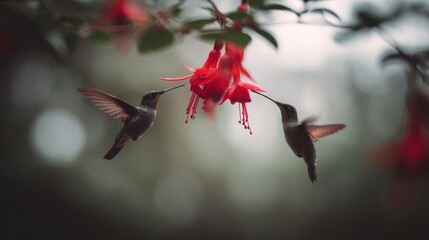 Two hummingbirds hover around a red tubular flower, feeding as a soft, blurred garden background.