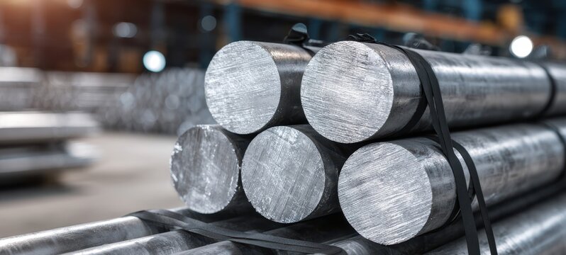 The metal rods stacked in an industrial warehouse with dramatic lighting