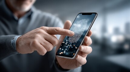 A person engages with a smartphone using fingerprint recognition to access secure digital content in a modern setting