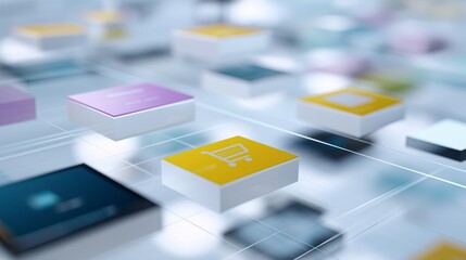 Storefront interface showing panels for online payment and shopping options in a digital space