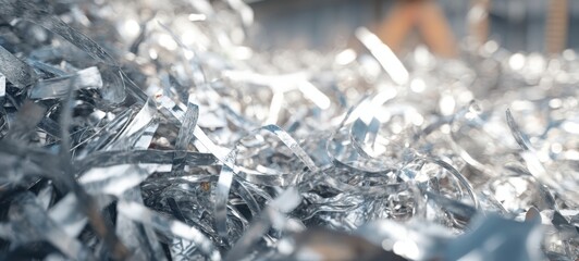 The metal shavings piled in a bright industrial recycling and manufacturing environment