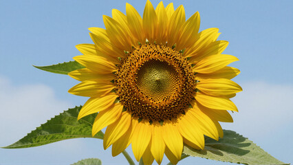 Fototapeta premium Close-up of a radiant golden sunflower in vibrant full bloom, its intricate petals unfurling under a clear azure sky, capturing the essence of summer's natural warmth and serene beauty