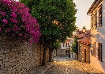 Cobblestone street lined with stone wall and blooming bougainvillea