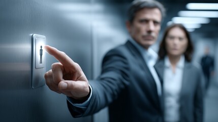 Two confident individuals in formal attire enter a sleek elevator, embodying ambition and professionalism