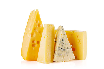 Assorted cheeses on white background