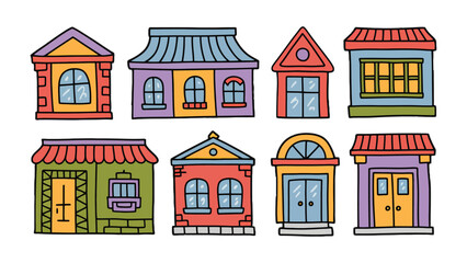 Fototapeta premium Architectural Array: A collection of charming, colorful cartoon houses, each with unique designs, showcasing a spectrum of architectural styles.