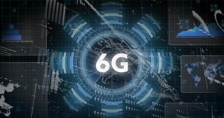 Animation of data processing and 6g text over black background - Powered by Adobe