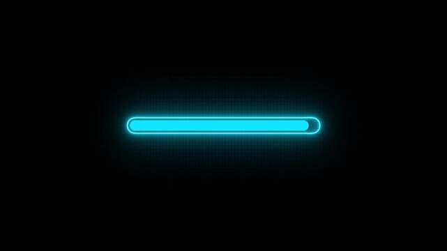 Glowing neon Status bar, process indicator from 0 to 100 increasing percentage, progress bar animation.Uploading,Download bar,update animation. grid background. sample neon loading bar