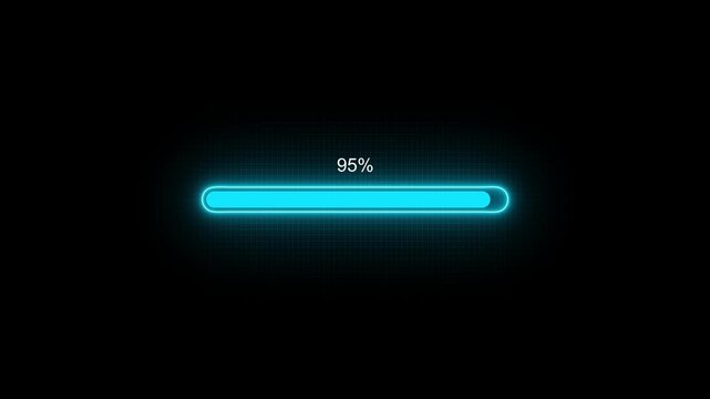 Glowing neon Status bar, process indicator from 0 to 100 increasing percentage, progress bar animation.Uploading,Download bar,update animation. grid background. sample neon loading bar