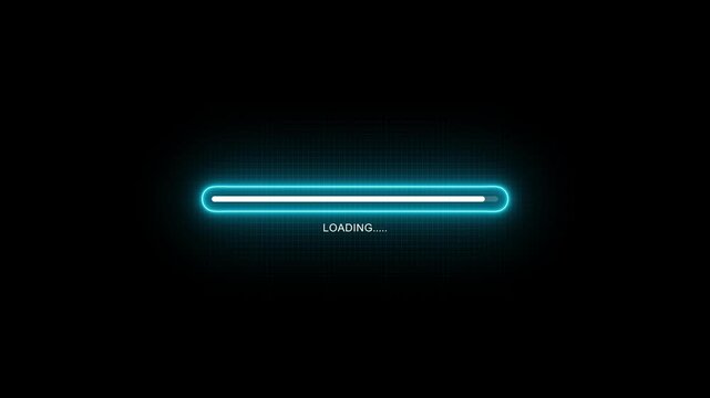 Glowing neon Status bar, process indicator from 0 to 100 increasing percentage, progress bar animation.Uploading,Download bar,update animation. grid background. sample neon loading bar