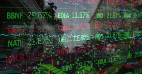 Animation of financial data and graphs over cityscape - Powered by Adobe