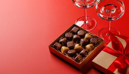 A glasses of champagne elegantly paired with a box of rich chocolates