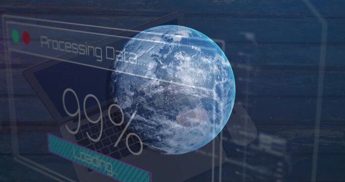 The video shows a laptop processing data with a cloud-computing interface