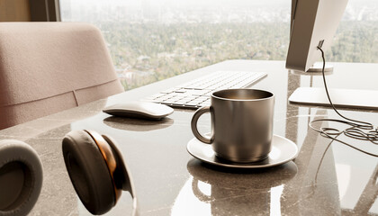 Modern minimalist workspace with coffee cup and headphones on desk