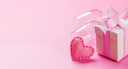 Gift box and wine glasses on pink background
