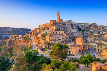 Naklejka premium The Sassi of Matera. Panorama of the old town from the Saint Augustin church, Apulia, Italy.