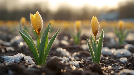 Yellow tulips bloom in early spring morning light with dew on petals in a garden field